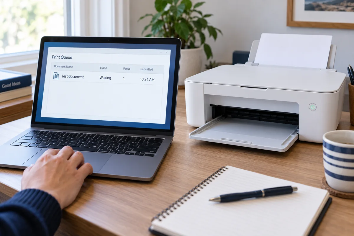 An example print queue shows a waiting test document beside a printer with an empty output tray.